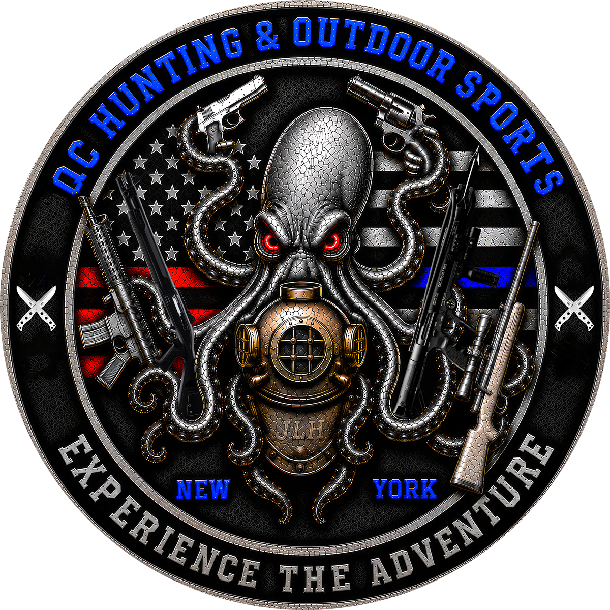 QC Hunting and Outdoor Sports emblem: an armored octopus wearing a brass diving helmet, holding firearms, in front of a thin blue line flag. Experience the adventure. New York.